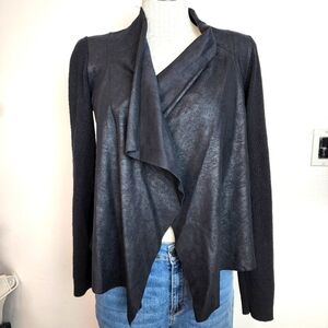 T TAHARI Black Sweater Back & Sleeves Faux Leather Open Jacket Size S